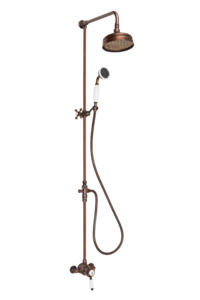 Shower System: Heritage Exposed Shower System Arm Rose Diverter & Handshower - Porcelain Lever