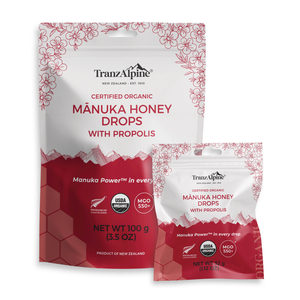 Products: Organic Mānuka Honey Drops MGO550+ with propolis