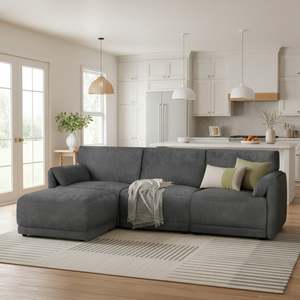 3 Seater Sofas: Velvo 3 Seater Modular Sofa with Ottoman - Dark Grey