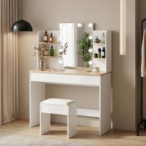 Celosia 2 Piece Dressing Table with Mirror & Stool Set - White + Natural