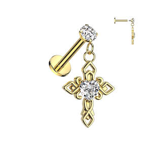 Gold Internally Threaded Jewelled Prong Set Labret with Jewelled Heart in Celtic&hellip;