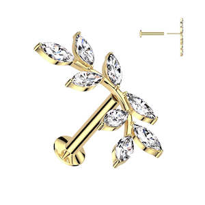 316L Surgical Steel: Gold SS316L Steel 8 Marquise CZ Vine Threadless Push In Labret 18 Gauge - TT204A