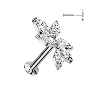 316L Surgical Steel: SS316L Steel 6 Marquise CZ Vine Threadless Push In Labret 18 Gauge - TT205
