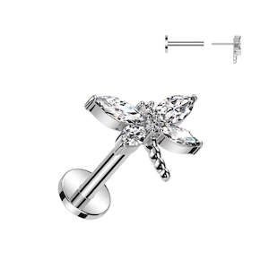SS316L Steel Jewelled Dragonfly Threadless Push In Labret 18 Gauge - TT200