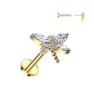 316L Surgical Steel: Gold SS316L Steel Jewelled Dragonfly Threadless Push In Labret 18 Gauge - TT200A