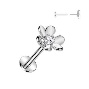 SS316L Steel Jewelled Flower Threadless Push In Labret 18 Gauge - TT201