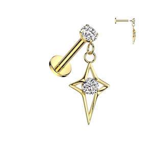 Gold Internally Threaded Round Prong Set Jewelled Labret with Jewelled Star Cros&hellip;