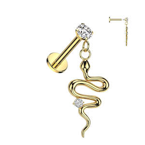 Gold Internally Threaded Round Prong Set Jewelled Labret with Jewelled Snake Dangle - E642A