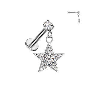 SS316L Internally Threaded Round Prong Set Jewelled Labret with Jewelled Star Dangle - E643