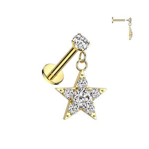 Gold Internally Threaded Round Prong Set Jewelled Labret with Jewelled Star Dangle - E643A