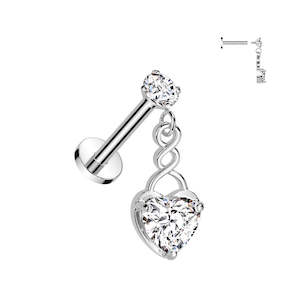 SS316L Internally Threaded Round Prong Set Jewelled Labret with Jewelled Heart Dangle - E644