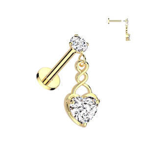 Gold Internally Threaded Round Prong Set Jewelled Labret with Jewelled Heart Dangle - E644A