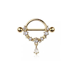 Barbells: Gold Crystal Jewelled Nipple Shield with Teardrop CZ Dangle - N252A