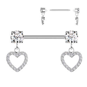 Barbells: SS316L Prong Jewelled Fancy Nipple Barbell with Hollow Heart Dangles - N249