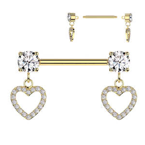Gold Prong Jewelled Fancy Nipple Barbell with Hollow Heart Dangles - N249A