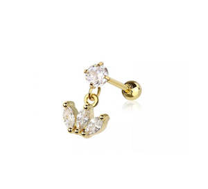 Gold Jewelled Cartilage Barbell with Crown Dangle - E426A