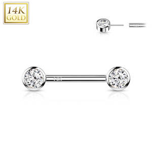 14kt Solid White Gold Jewelled Threadless Nipple Barbell - GOLD14