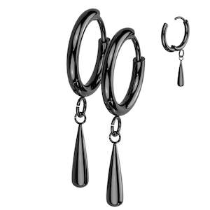Titanium Black Hinged Hoop Earrings with Teardrop Dangle (1 pair) - TI-186B