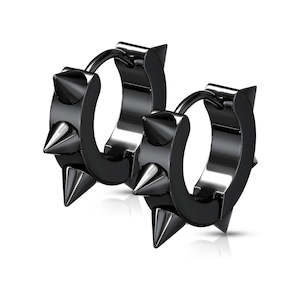 Black Hinged Hoop Earrings with Spikes (1 pair) - E522B