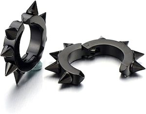 Mens Jewellery: Black Oval Hoop Non-Piercing Ear Cuff Clip On Earrings with Spikes (1 pair) - E523B
