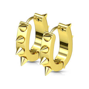 Mens Jewellery: Gold U Shaped Hinged Hoop Earrings with Spikes (1 pair) - E520A