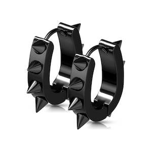 Mens Jewellery: Black U Shaped Hinged Hoop Earrings with Spikes (1 pair) - E520B