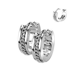 Mens Jewellery: SS316L Hinge Hoop Earrings with Chain Center 18 Gauge (1 pair) - E516