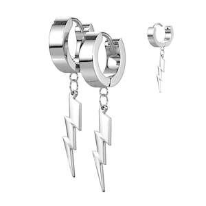 Mens Jewellery: SS316L Hinged Hoop Earrings With Lightning Bolt Dangle (1 pair) - E330