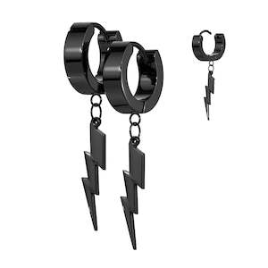 Black Hinged Hoop Earrings With Lightning Bolt Dangle (1 pair) - E330B