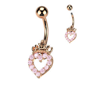 Rose Gold Pvd: Rose Gold Jewelled Heart and Crown Fancy Banana Bar - 366B
