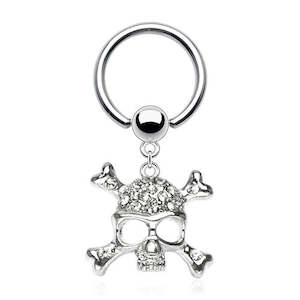 Mens Jewellery: SS316L Clip-in Jewelled Skull Circular Barbell - E512