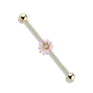 Industrial: Gold CZ Jewelled with Enamel Pink Flower Fancy Industrial Barbell - I304
