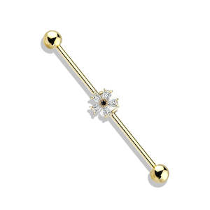 Industrial: Gold Jewelled Flower Fancy Industrial Barbell - I305A