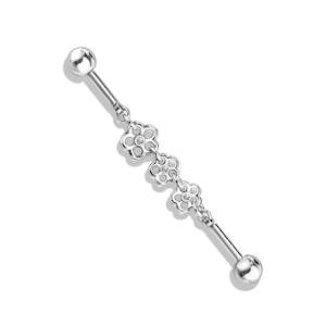 SS316L Jewelled Fancy Flower Chain Linked Industrial Barbell with Triple Crystals - I306