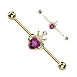 Industrial: Gold Jewelled Crown with Heart Industrial Barbell - I283