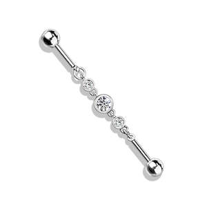 Industrial: SS316L Jewelled Fancy Chain Linked Industrial Barbell with Triple Crystals - I278