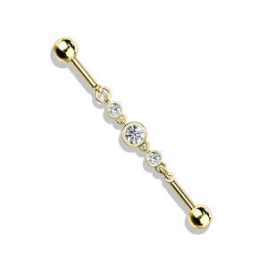 Industrial: Gold Jewelled Fancy Chain Linked Industrial Barbell with Triple Crystals - I278A