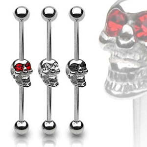 SS316L Jewelled Skull (Your choice of Colour) Industrial Barbell - I295