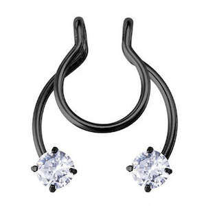 Nose Rings: Black Jewelled Fake Septum Nose Clip - S694A