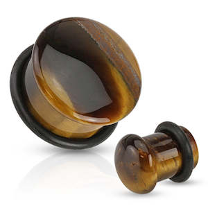 Plugs Tunnels: Tiger's Eye Semi Precious Stone Domed Single Flare Plug with O-Ring (4mm - 8mm) - E192D