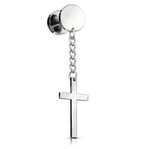Plugs Tunnels: SS316L Cross on Chain Dangle Fake Plug - M329