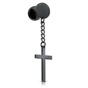 Plugs Tunnels: Black Cross on Chain Dangle Fake Plug - M329A