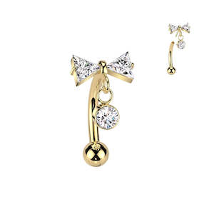 Gold Pvd: Titanium Gold Threadless Push In Eyebrow/Rook Barbell with Jewelled Bowtie and CZ Dangle - TT222A