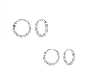 925 Sterling Silver: 925 Sterling Silver Woven Rope Hinged Earrings 2 Pairs (14mm & 16mm) for Price of One - SS725