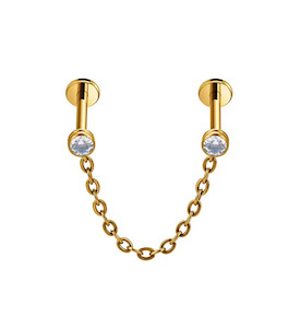Labret Studs: Titanium Gold Two Chain-Linked Jewelled Internally Threaded Labrets - TI-247A