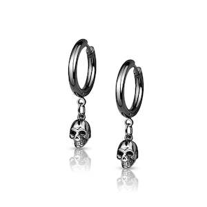 Black Hoop Earrings with Skull Dangle (1 pair) - E445B