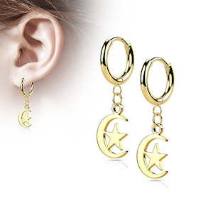 Gold Hoop Earrings with Moon and Star Dangle (1 pair) - E532A