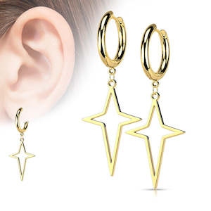 Gold Pvd: Gold Hoop Earrings with Star Cross Dangle (1 pair) - E535A