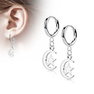 Lobe: SS316L Hoop Earrings with Moon and Star Dangle (1 pair) - E532