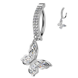 SS316L Jewelled Double Line Pave CZ Hinged Belly Button Ring with Butterfly Dangle - 582